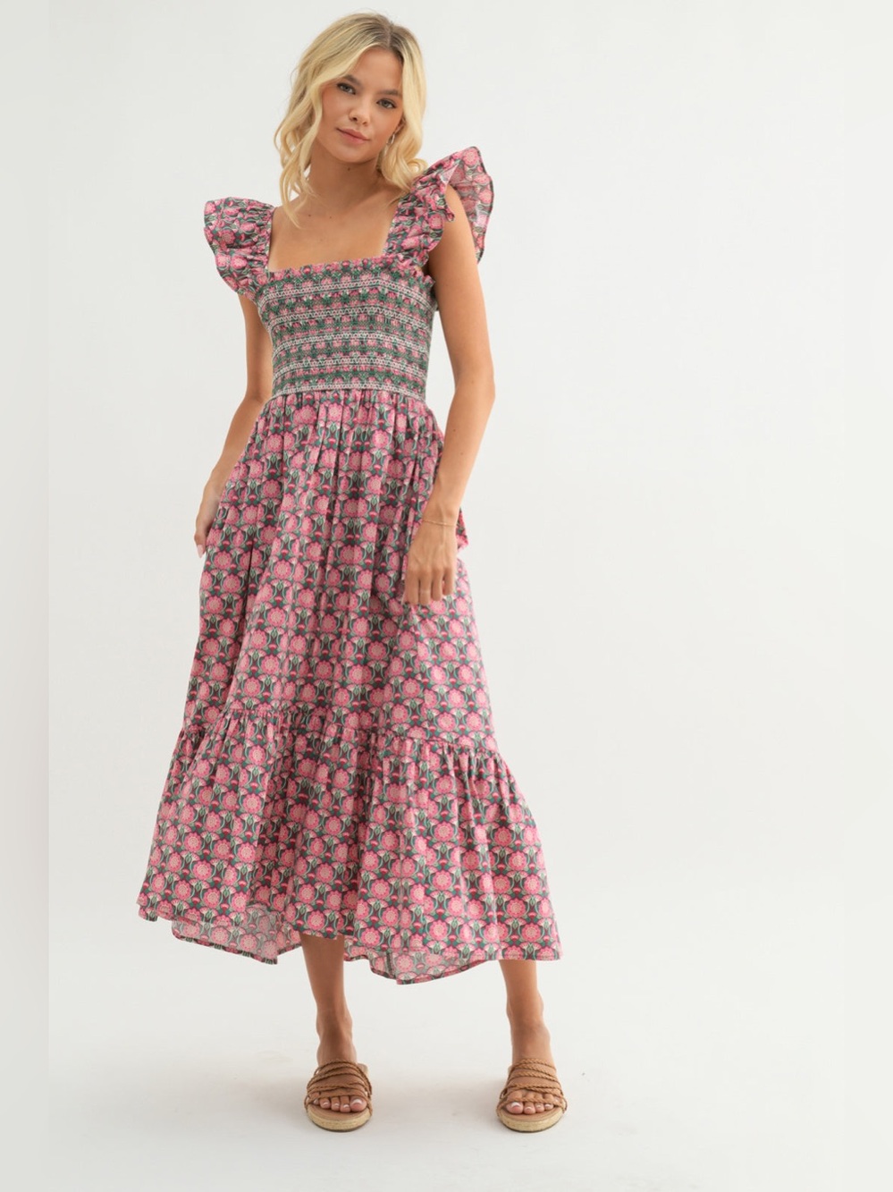 Talulah Boutique 100% Cotton Fit and Flare Smocked Midi Dress - Size 1X